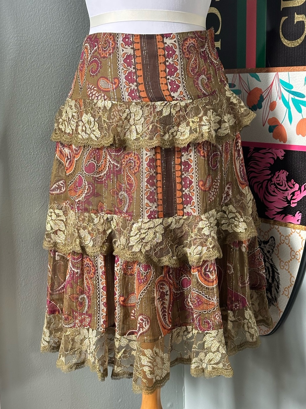 Marciano Silk Metallic Paisley Floral Lace Tiered Ruffle Skirt Y2K Boho McBling
